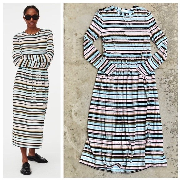 Stine Goya Joel Midi Dress Striped Long Sleeve Pastels Azure Stretch Jersey L - Picture 2 of 5